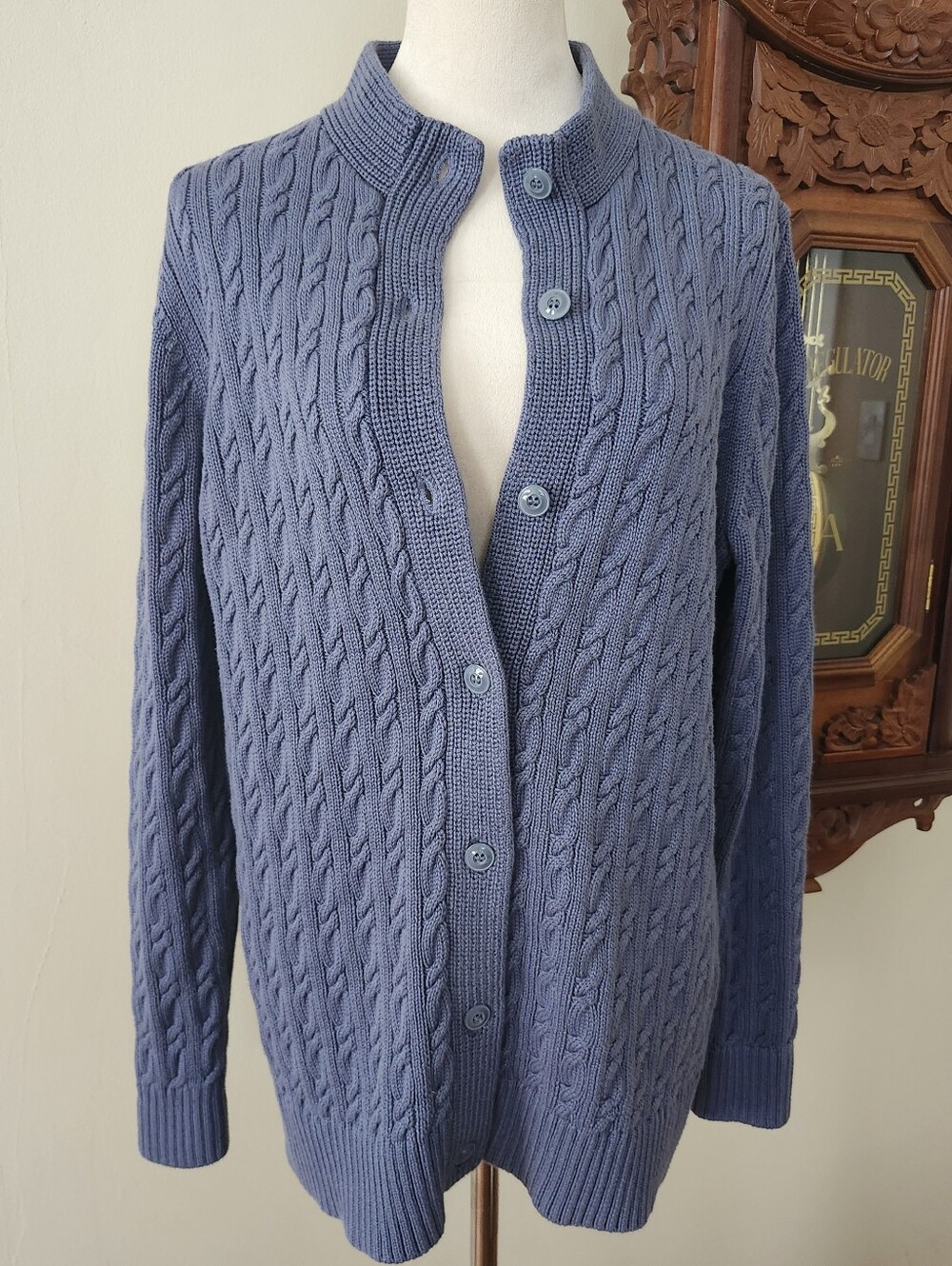 L.L. Bean Cable Knit Button-Up Sweater Cardigan Blue, L - Picture 9 of 9